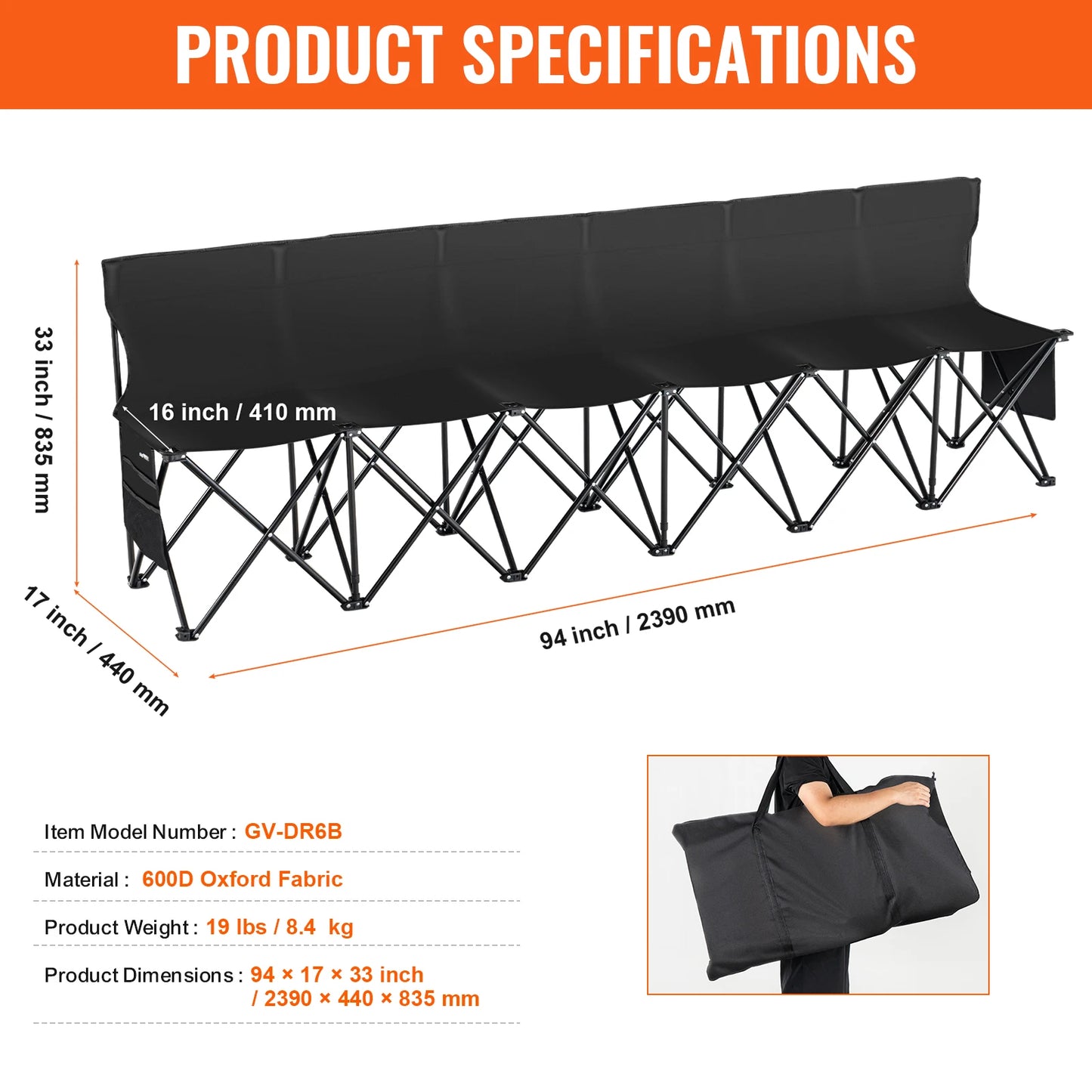 6/8 Seat Foldable Sideline Bench with Backrest & Bag