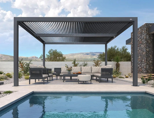 11x14ft Aluminum Louvered Pergola Adjustable Roof Shade Screen for Deck Backyard Grey Customized