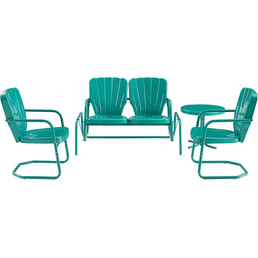 Ridgeland 4Piece Retro Metal Outdoor Loveseat Glider Patio Furniture Set for Porch, Deck, Turquoise Gloss