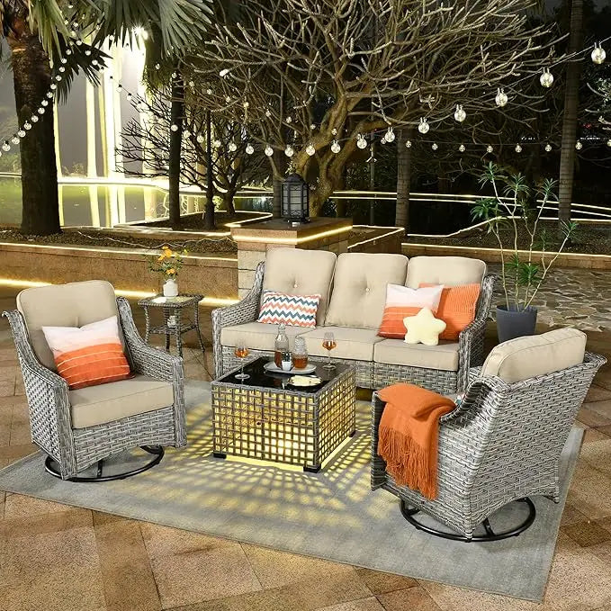 5 Piece Rattan Wicker Patio Furniture w/ 3 Seat Sofa, and Swivel Rocking Chair