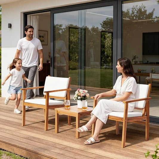 Patio Chairs 3 or 4 Piece Acacia Wood Patio Furniture with Coffee Table & Cushions