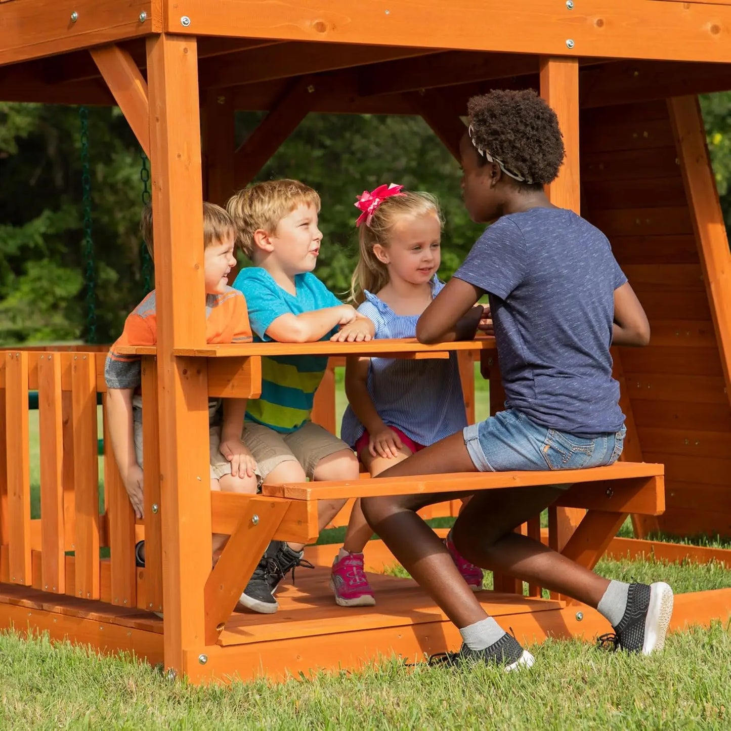 Cedar Swing Set with Wave Slide, Raised Clubhouse, Crow's Nest, Monkey Bars, Balcony, Belt Swings, Trapeze, Rock