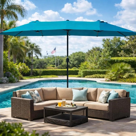 15ft Double-Sided Rectangular Patio Umbrella with Crank Lift, UV Protection, and Base Included for Backyard, Pool & Garden