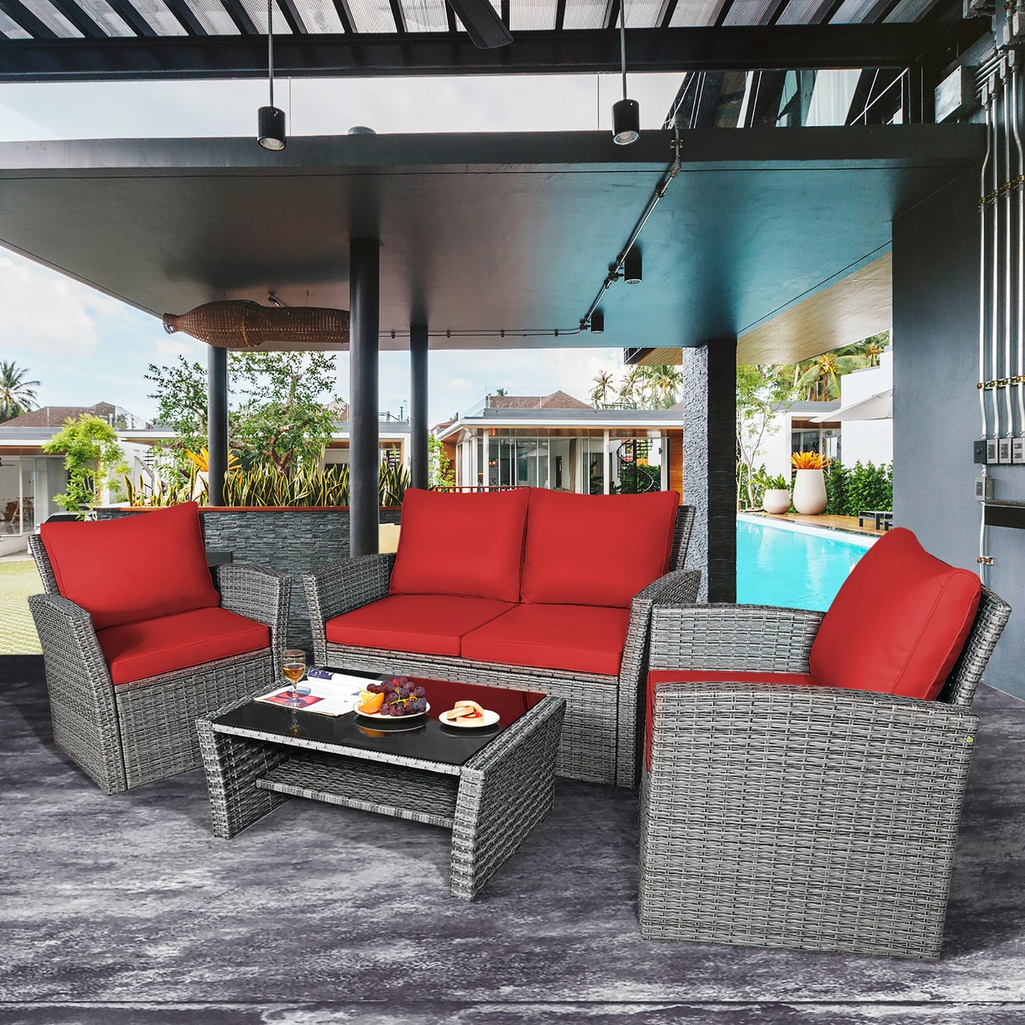 4PCS Rattan Furniture Set Sofa W/ Table