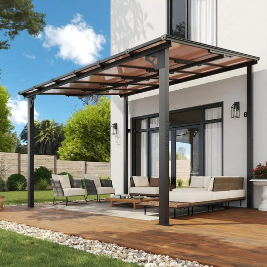 10ft x 12ft Outdoor Pavilion with Sloping Roof and Heavy-Duty Wall-Mounted Canopies for Backyard Decks and Patios