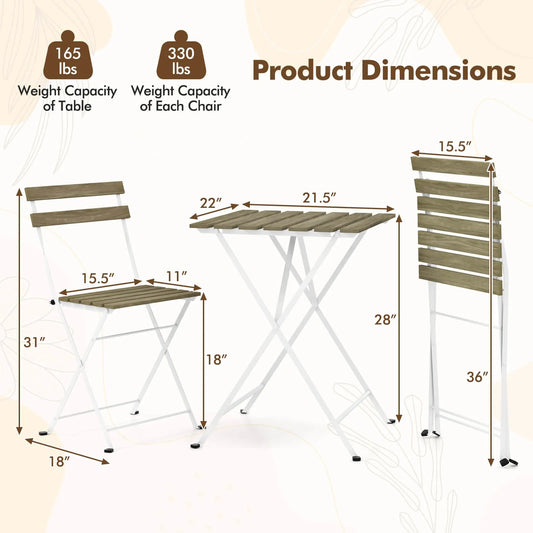 Patio Acacia Wood Bistro Set Table w/ 2 Folding Chairs