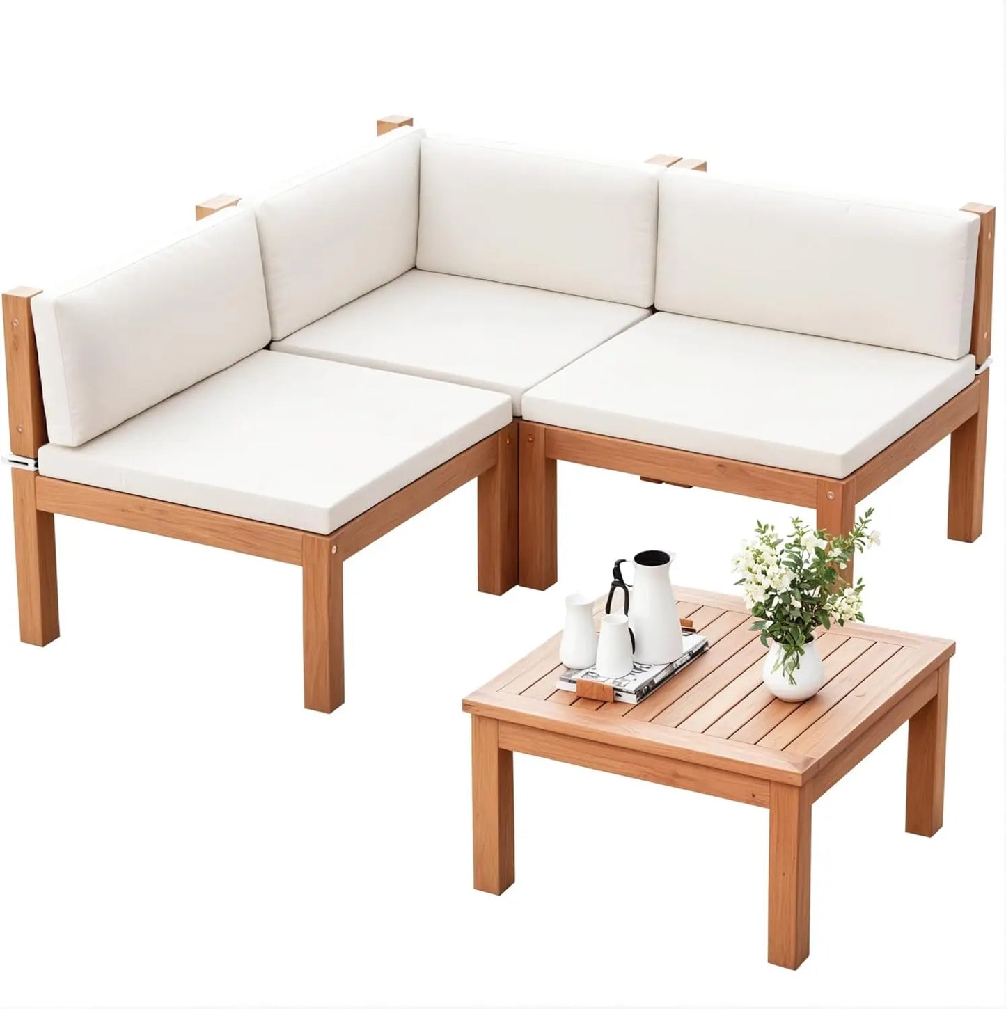 4 Pieces Acacia Wood Patio Sectional Sofa with Coffee Table