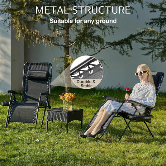 Set of 2 Zero Gravity Portable Recliner Chair with Cup Holder Trays Adjustable Pillow