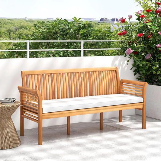 Wooden Outdoor Bench with White Cushion, Curved Armrest, and Slatted Back