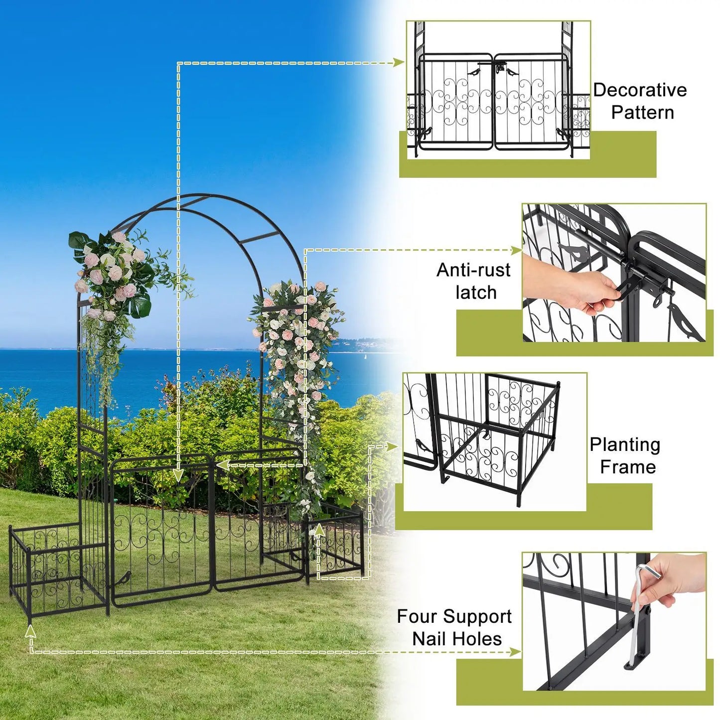 Metal Garden Arch with Planter Boxes Gate Wedding Arch Climbing Plants Black