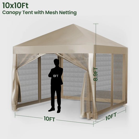 10' X10' Gazebo Canopy With Mosquito Netting, Outdoor Patio Gazebo Tent For Backyard, Garden, Khaki