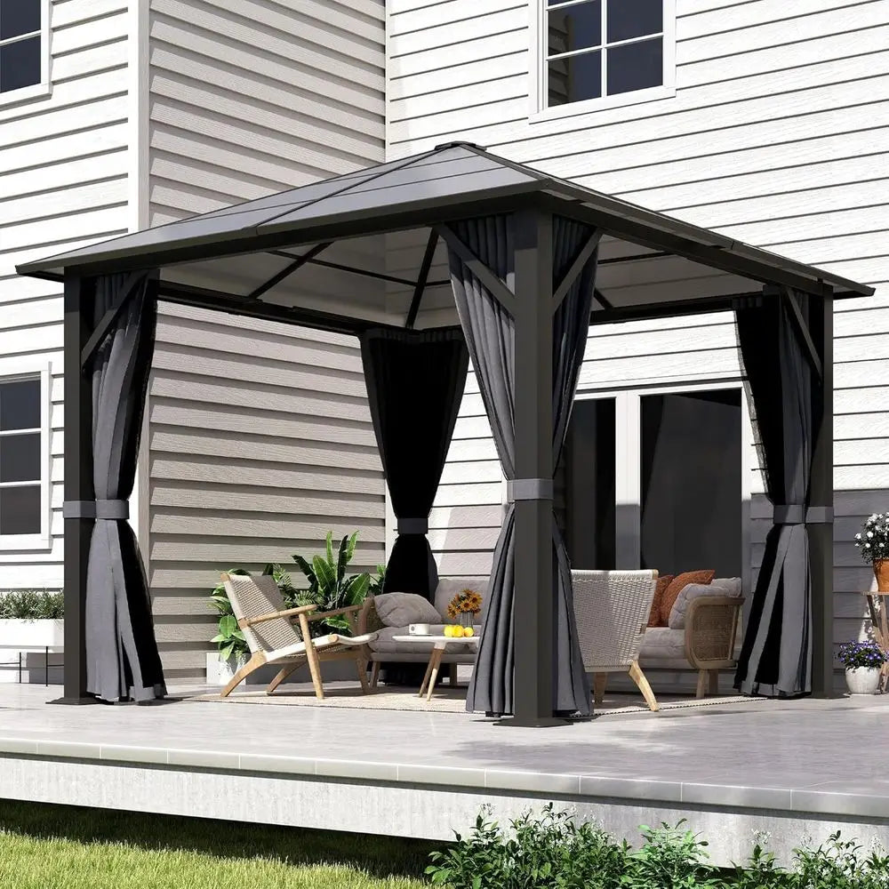 10x10 Gazebo with Polyethylene Roof and Steel Frame, with Grey Curtain and Netting