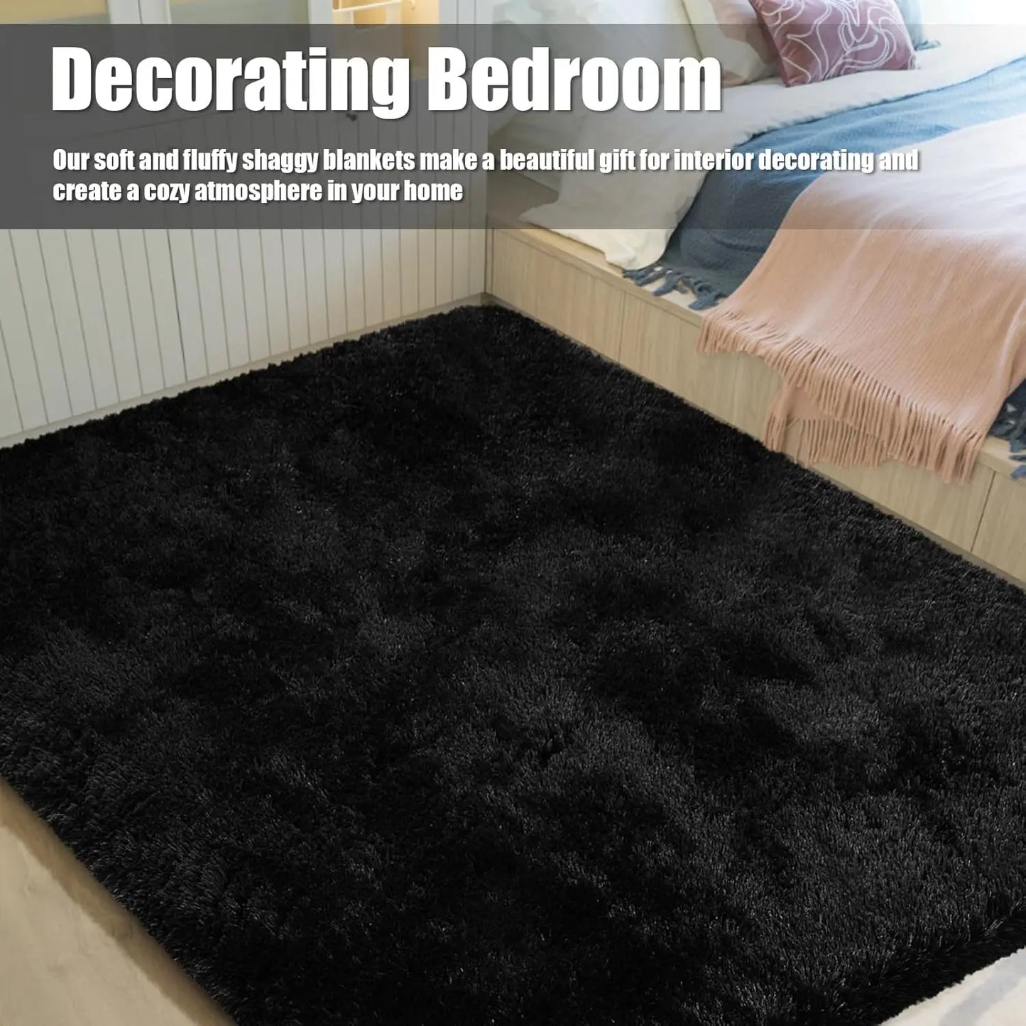 Soft Fluffy Black Shag Rug for Living Room and Bedroom