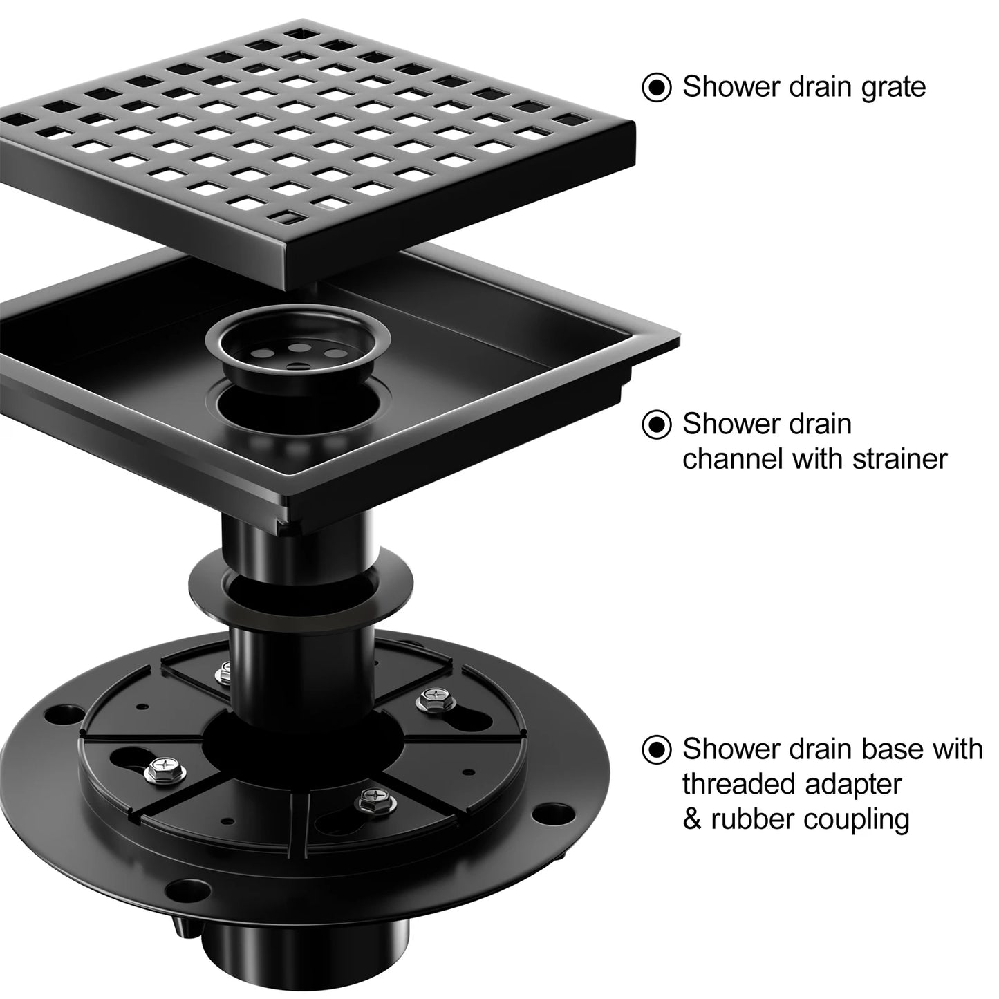6 Inch Black Square Shower Drain
