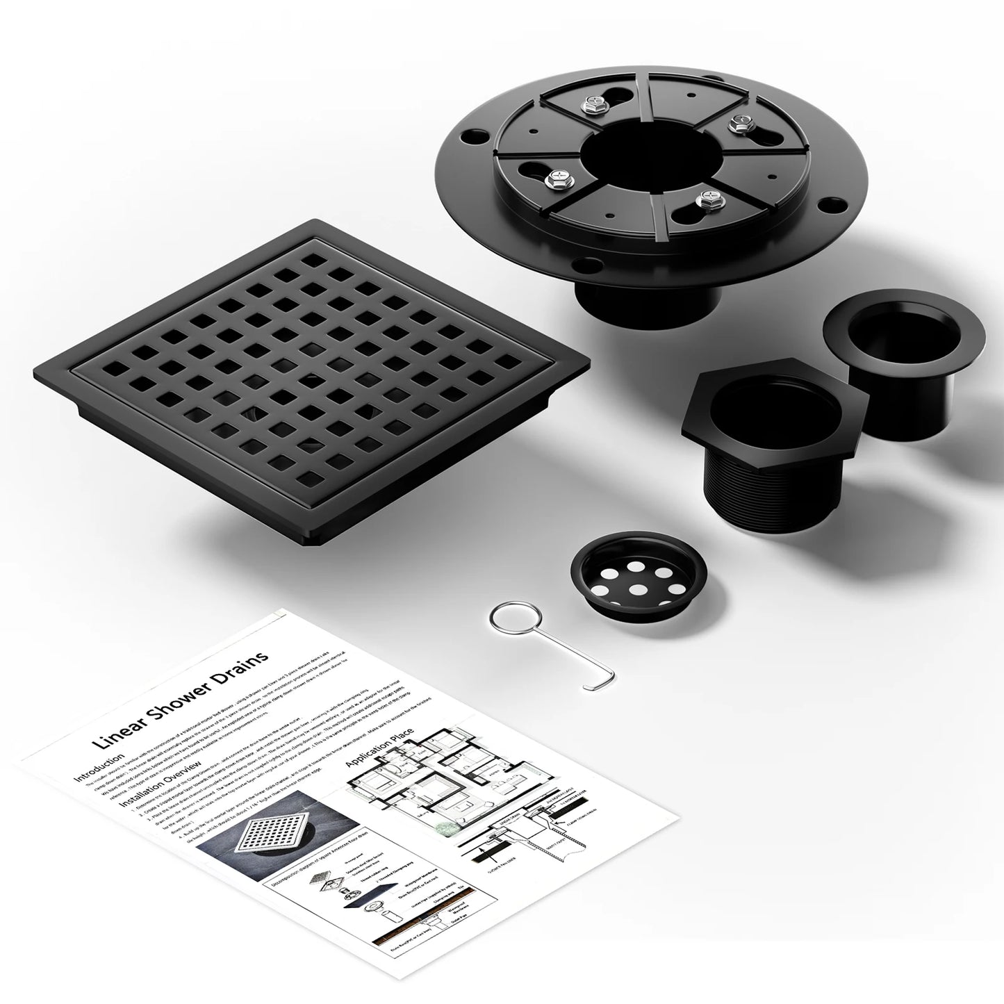 6 Inch Black Square Shower Drain