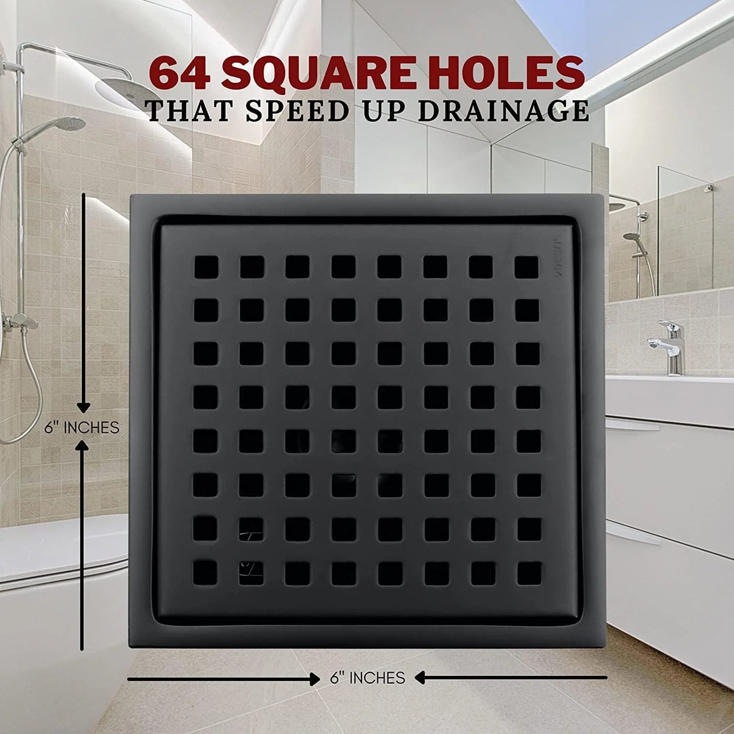 6 Inch Black Square Shower Drain