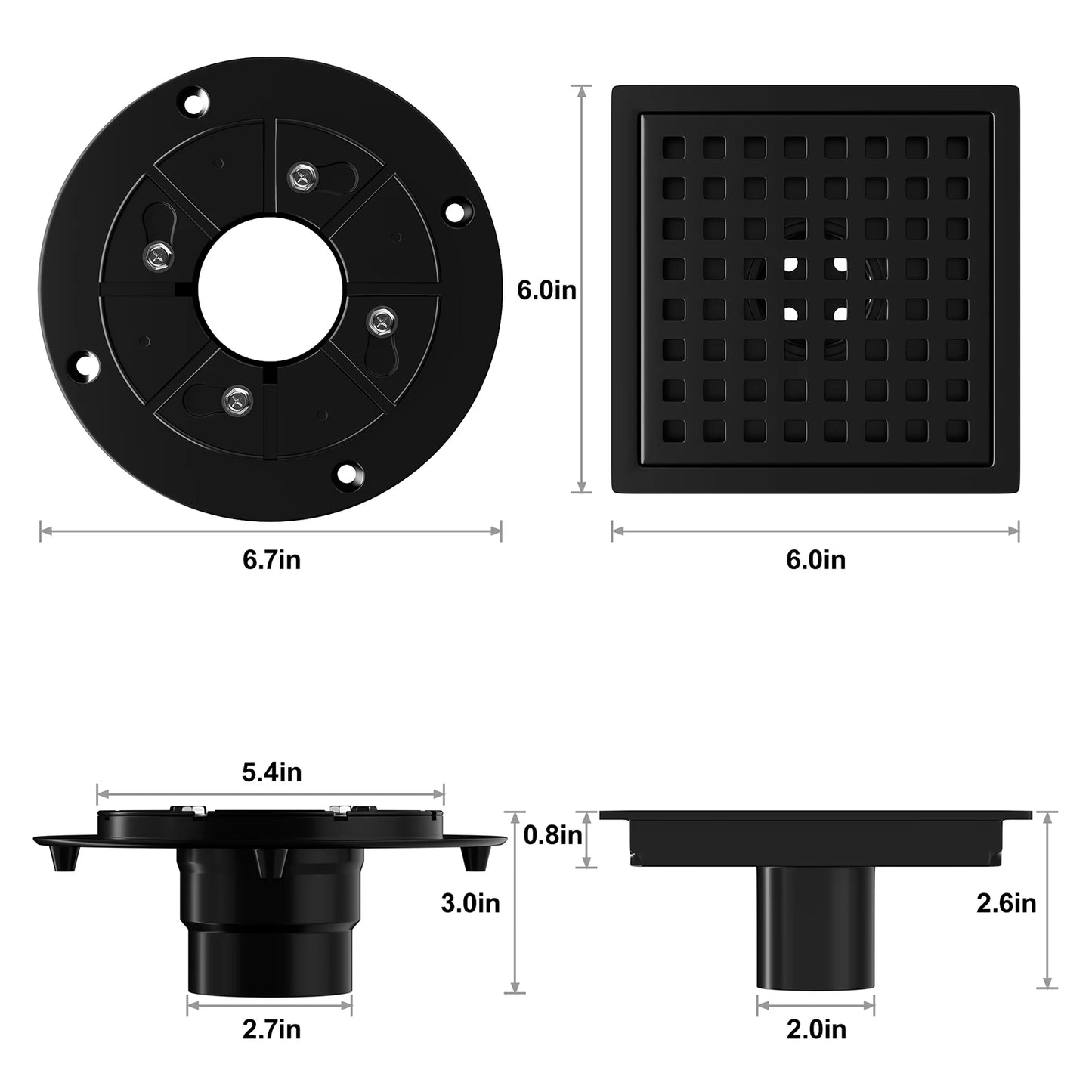 6 Inch Black Square Shower Drain