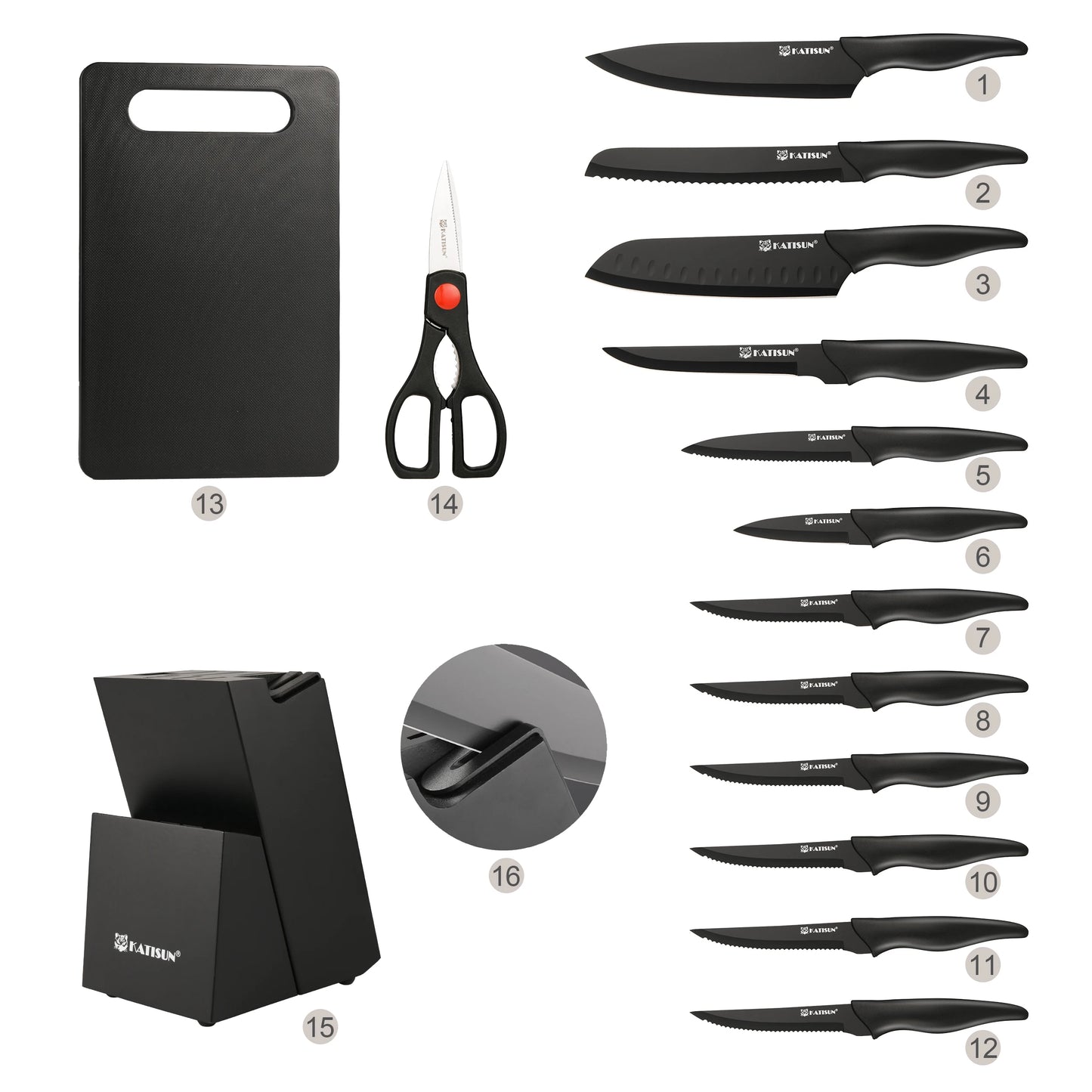 16 Pieces Carbon Steel Knife Set with Cutting Board