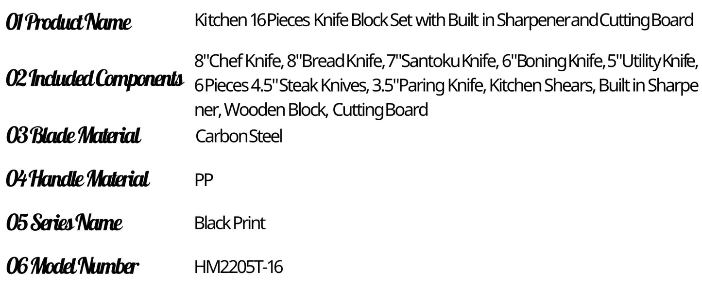 16 Pieces Carbon Steel Knife Set with Cutting Board