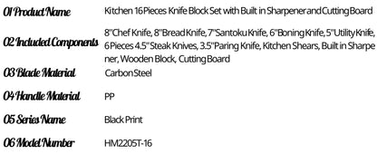 16 Pieces Carbon Steel Knife Set with Cutting Board