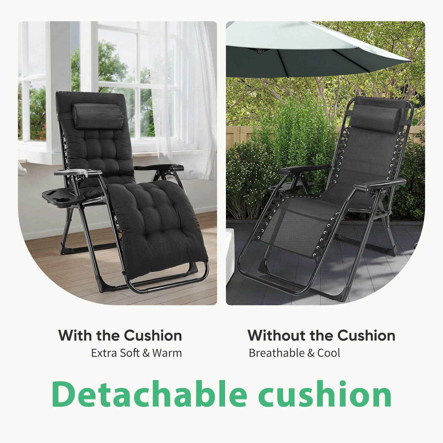 Set of 2 Zero Gravity Portable Recliner Chair with Cup Holder Trays Adjustable Pillow