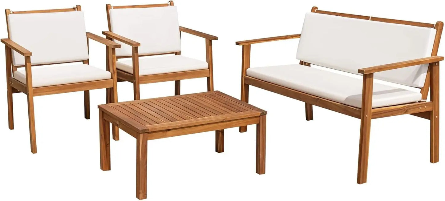 Patio Chairs 3 or 4 Piece Acacia Wood Patio Furniture with Coffee Table & Cushions