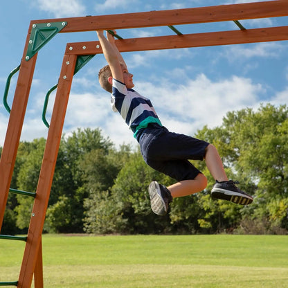 Cedar Swing Set with Wave Slide, Raised Clubhouse, Crow's Nest, Monkey Bars, Balcony, Belt Swings, Trapeze, Rock