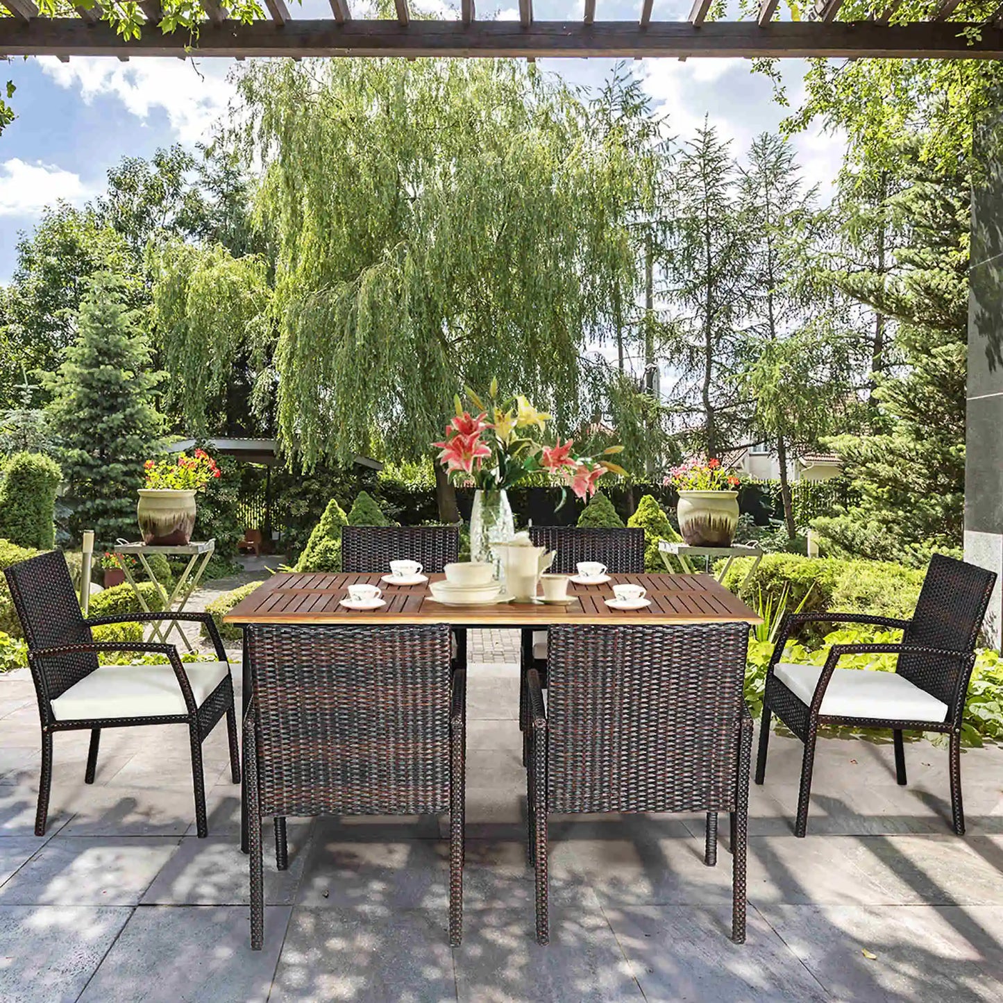 Patio Rattan Dining Set 6 Chairs Wooden Table Top