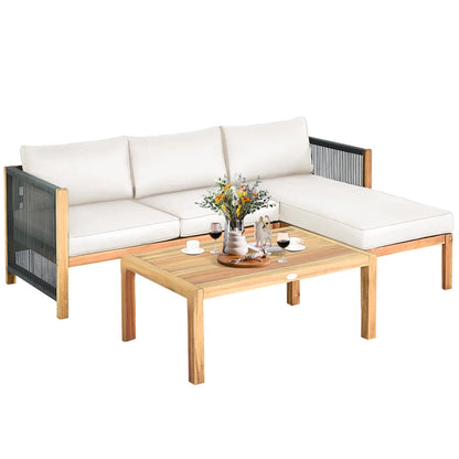 3PCS Patio Acacia Wood Sofa Set with Thick 
Cushions