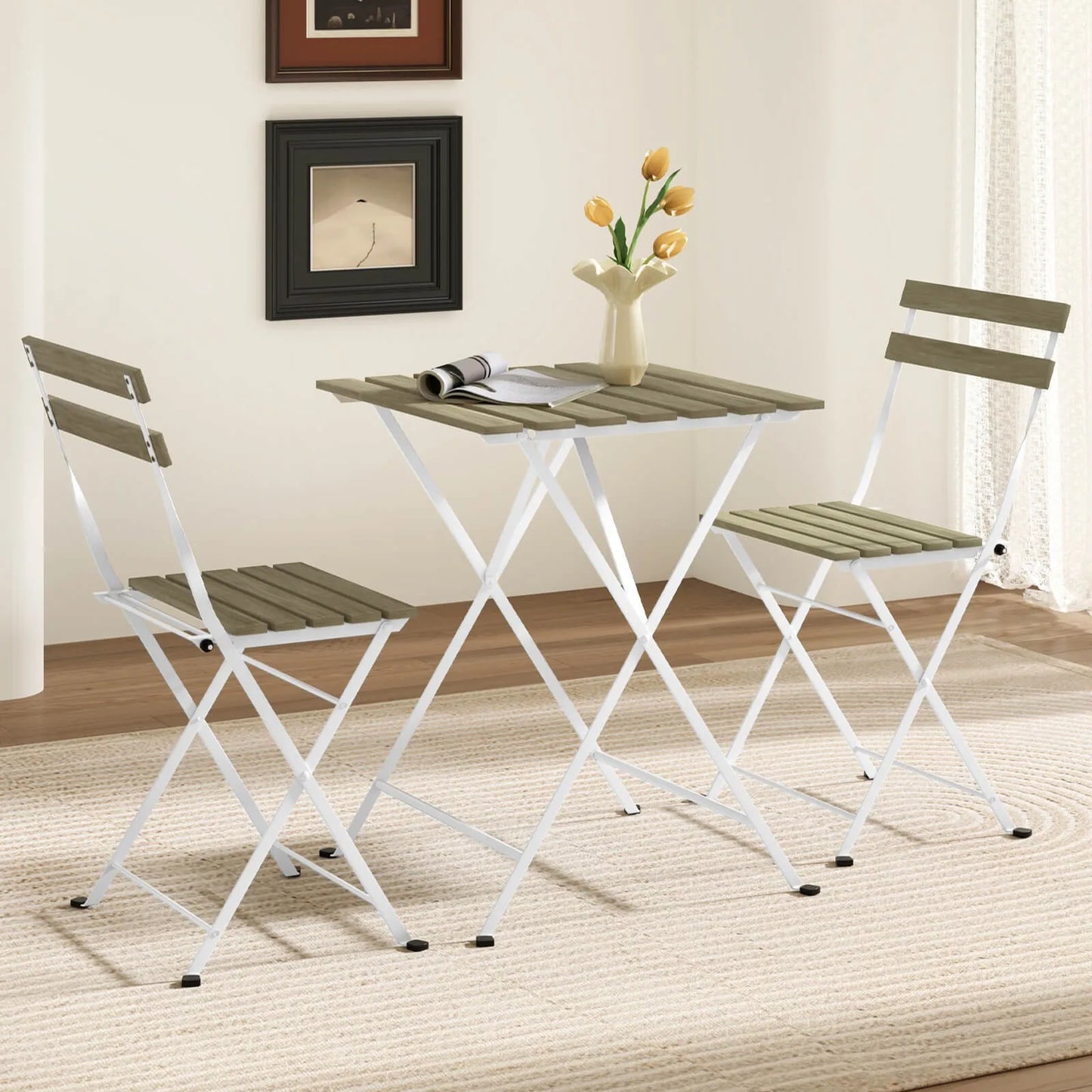 Patio Acacia Wood Bistro Set Table w/ 2 Folding Chairs