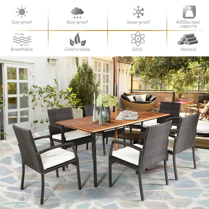 Patio Rattan Dining Set 6 Chairs Wooden Table Top