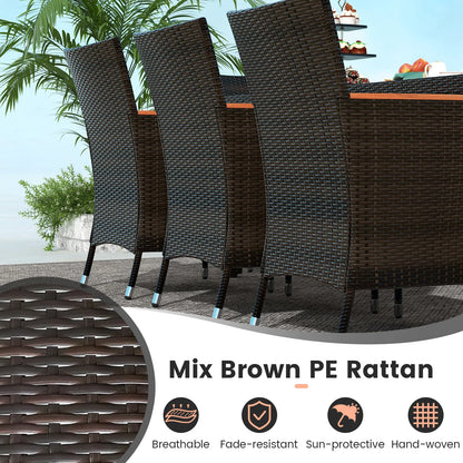 9PCS Wicker Patio Dining Set Acacia Wood Table Cushions Chairs
