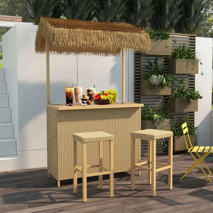 Outdoor Tiki Bar Set with 2 Stools and Ceramic Top