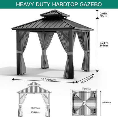 10x10 FT Heavy Duty Aluminum Hardtop Gazebo with Curtains & Netting(Gray)