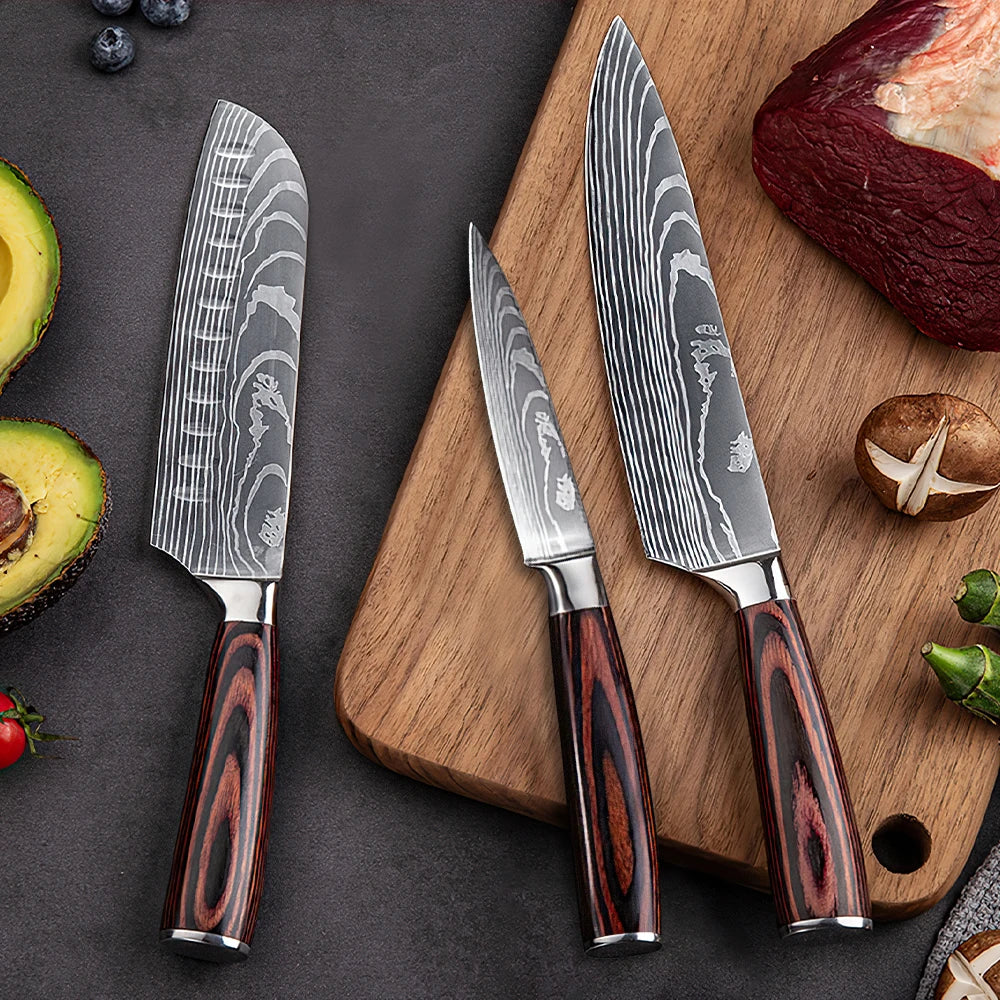 3 Piece Damascus Pattern Knife Set