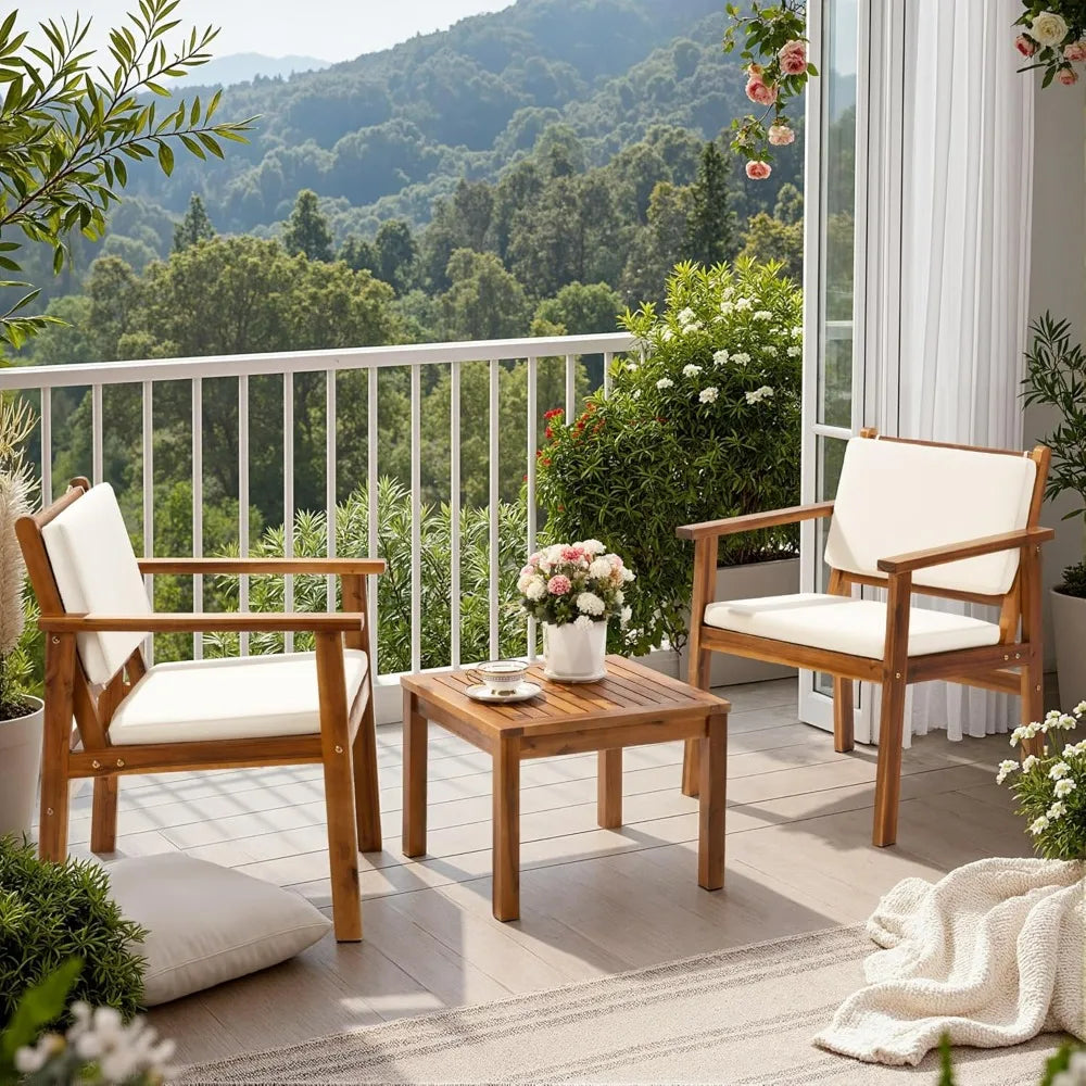 Patio Chairs 3 or 4 Piece Acacia Wood Patio Furniture with Coffee Table & Cushions