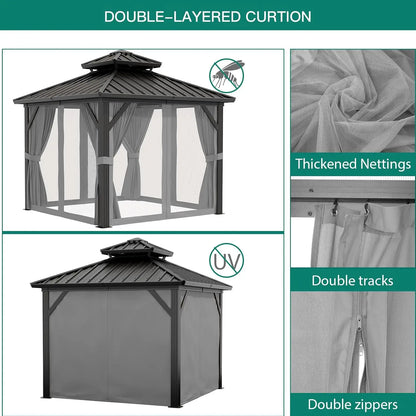 10x10 FT Heavy Duty Aluminum Hardtop Gazebo with Curtains & Netting(Gray)