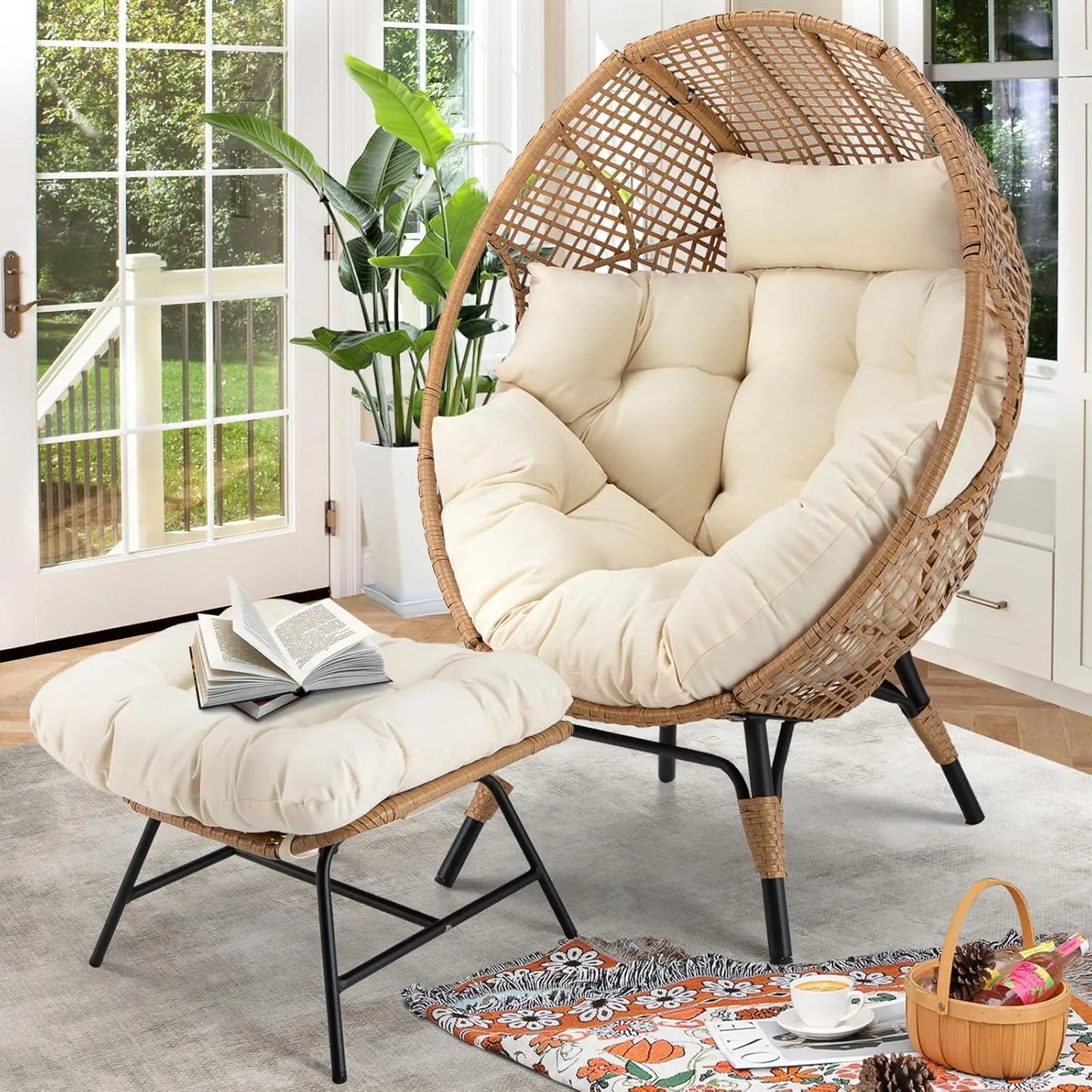 Egg Chair with Ottoman, Wicker, Indoor Outdoor