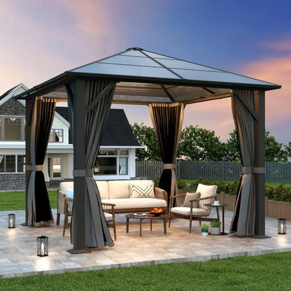 10x10 Gazebo with Polyethylene Roof and Steel Frame, with Grey Curtain and Netting