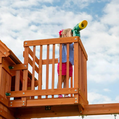 Cedar Swing Set with Wave Slide, Raised Clubhouse, Crow's Nest, Monkey Bars, Balcony, Belt Swings, Trapeze, Rock