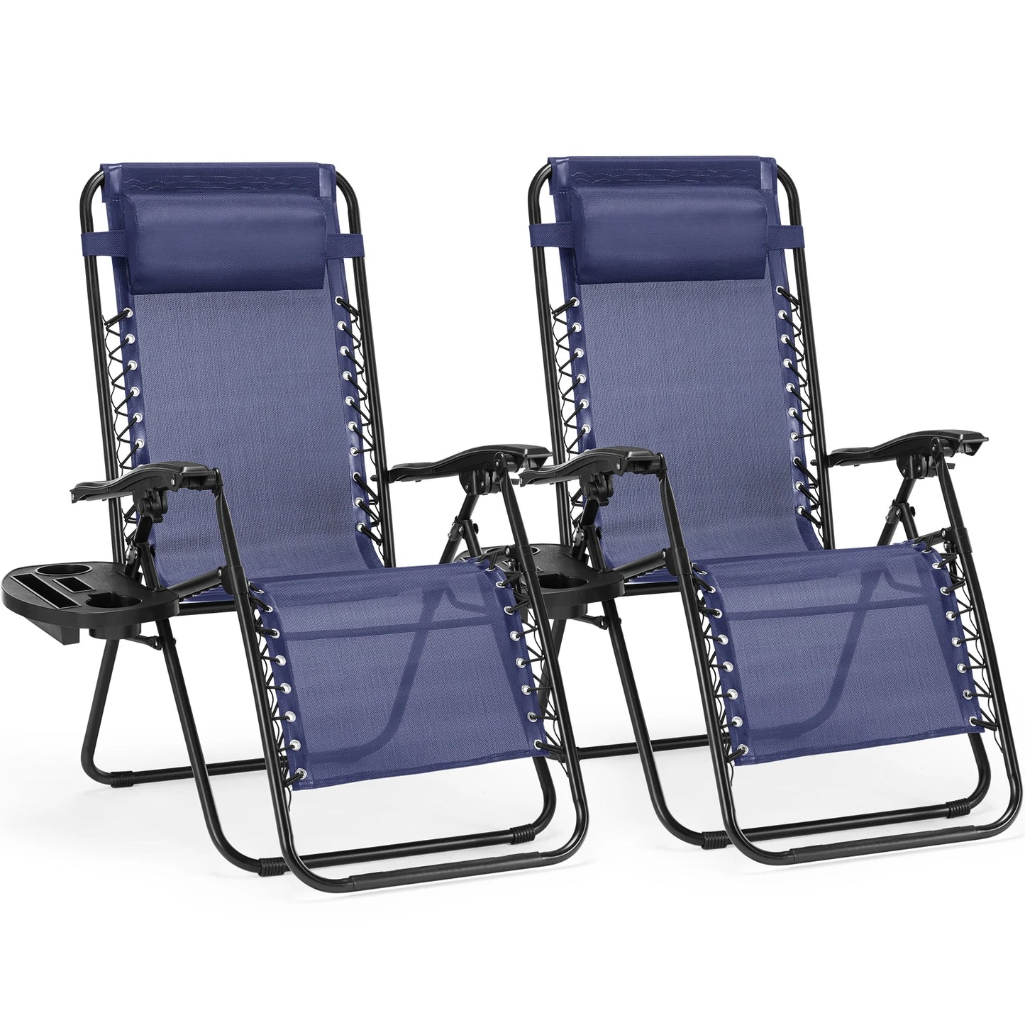 Set of 2 Zero Gravity Portable Recliner Chair with Cup Holder Trays Adjustable Pillow