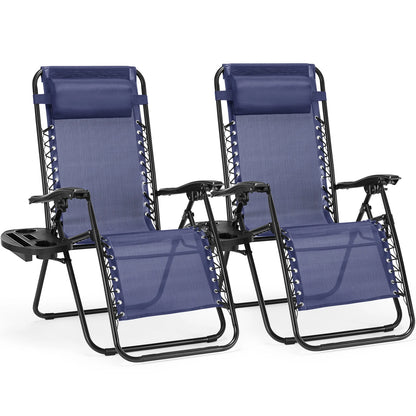 Set of 2 Zero Gravity Portable Recliner Chair with Cup Holder Trays Adjustable Pillow