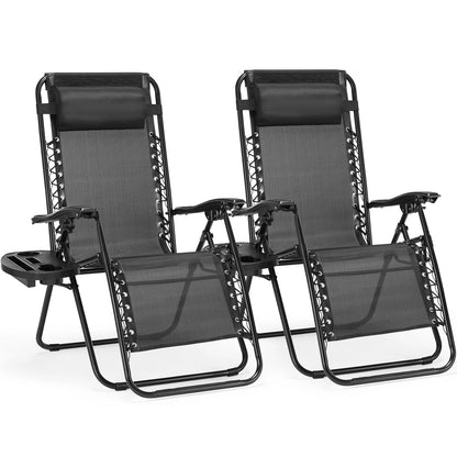Set of 2 Zero Gravity Portable Recliner Chair with Cup Holder Trays Adjustable Pillow