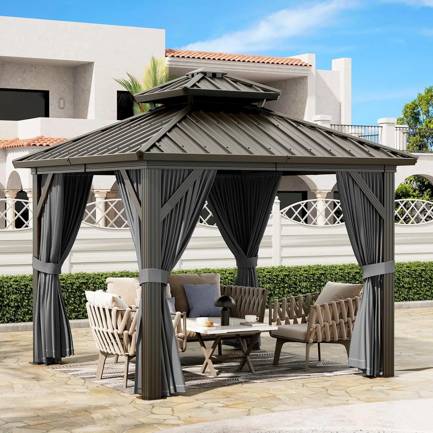 10x10 FT Heavy Duty Aluminum Hardtop Gazebo with Curtains & Netting(Gray)
