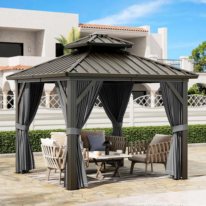 10x10 FT Heavy Duty Aluminum Hardtop Gazebo with Curtains & Netting(Gray)