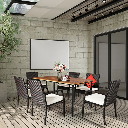 Patio Rattan Dining Set 6 Chairs Wooden Table Top