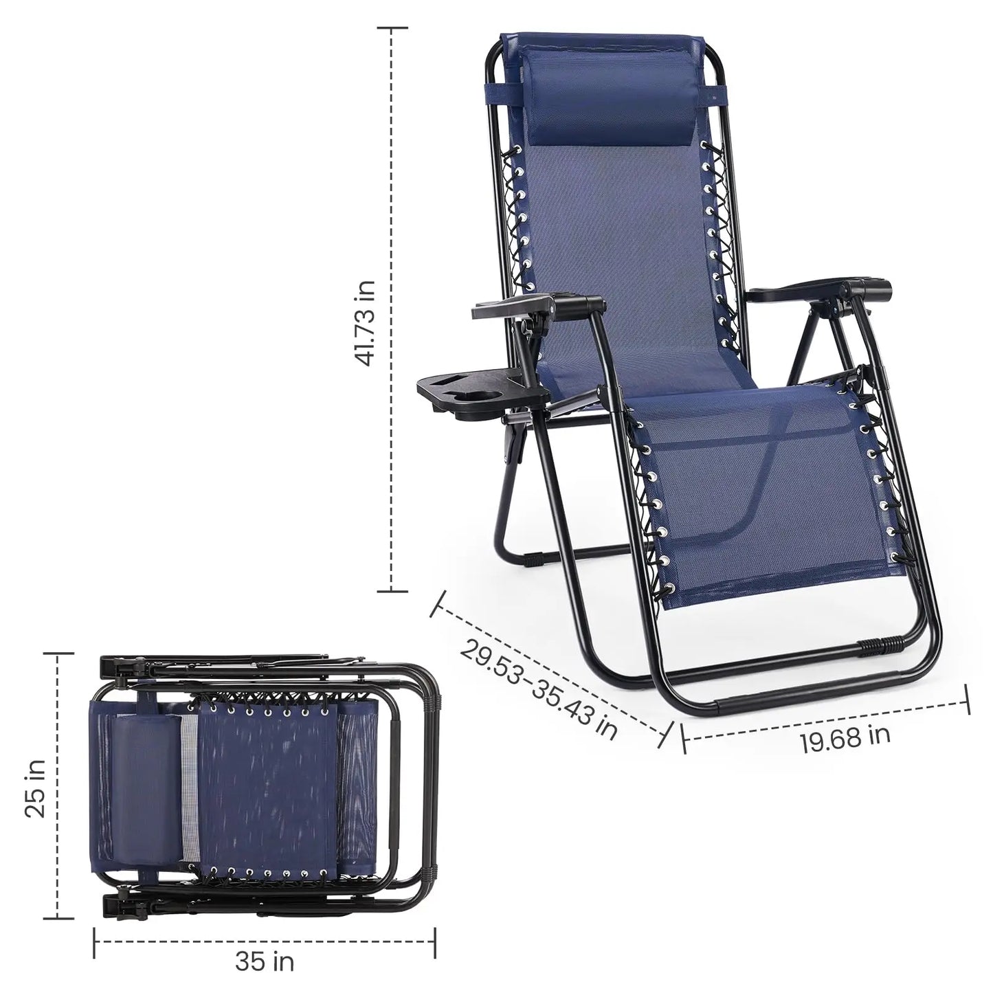 Set of 2 Zero Gravity Portable Recliner Chair with Cup Holder Trays Adjustable Pillow