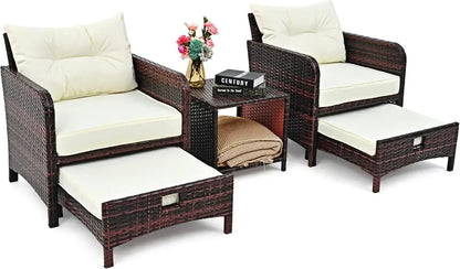 5 Piece Wicker Patio Set with Ottomans and Table