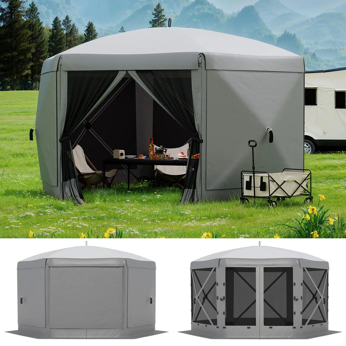 6-Sided Canopy With Mosquito Netting Removable Wind Cloths 13FT