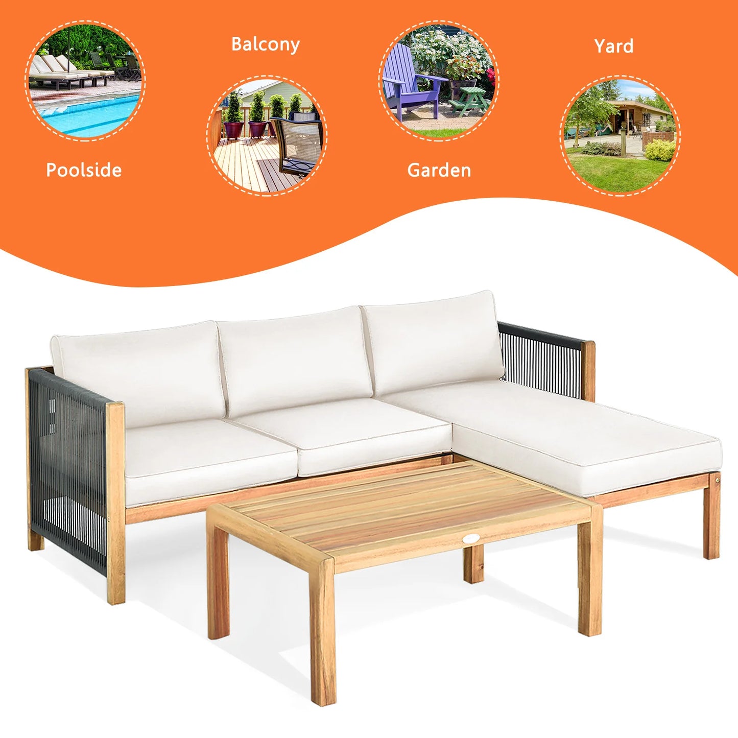 3PCS Patio Acacia Wood Sofa Set with Thick 
Cushions